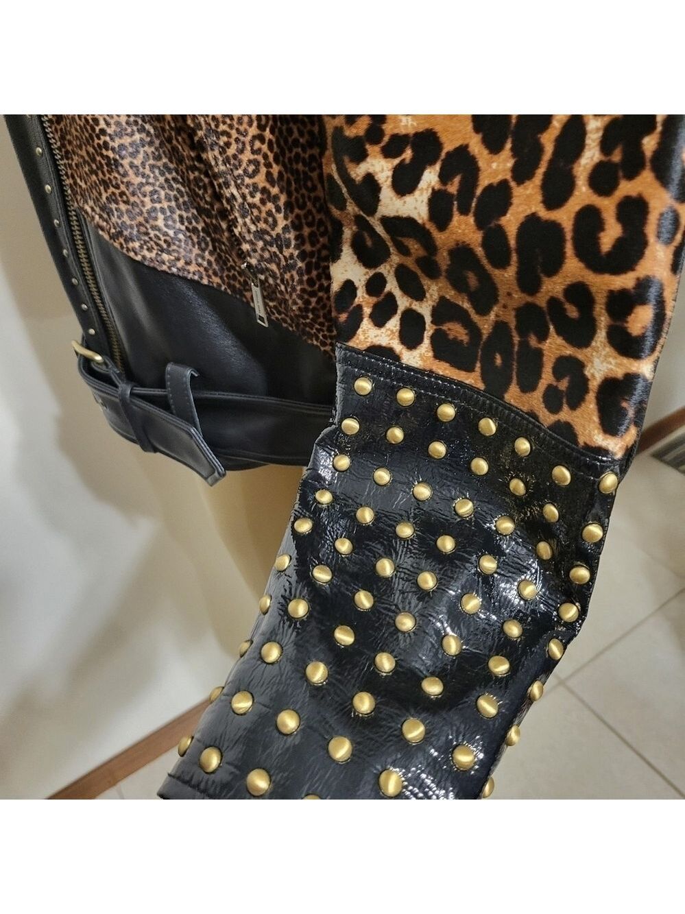 Michael Kors Leather Belt Jacket Chettah Animal Print Fur Studded Biker Jacket - Picture 8 of 16